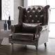 Brown Dark Leather Stud Armchair Chesterfield Wing Back Sofa Fireside Chair Seat