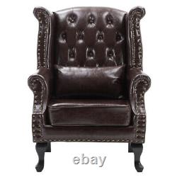Brown Dark Leather Stud Armchair Chesterfield Wing Back Sofa Fireside Chair Seat