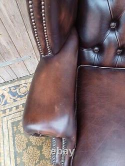 Brown Leather Chesterfield Wing Back Queen Anne Armchair Library Fireside Club