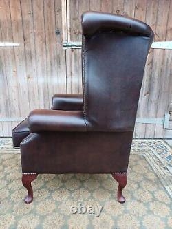 Brown Leather Chesterfield Wing Back Queen Anne Armchair Library Fireside Club