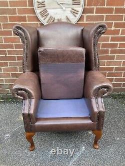 Brown Leather Wingback Armchair Queen Anne Chesterfield Fireside Chair Tan