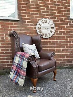 Brown Leather Wingback Armchair Queen Anne Chesterfield Fireside Chair Tan