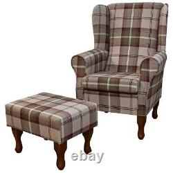 Brown Tartan Wingback Armchair Fireside Chair Stool Set Mulberry Balmoral Fabric