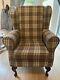 Brown Tartan Wingback Armchair Fireside Chair In Kintyre Chestnut Plaid Fabric