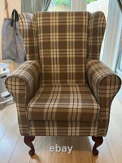 Brown Tartan Wingback Armchair Fireside Chair in Kintyre Chestnut Plaid Fabric
