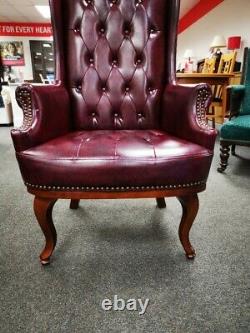 CHESTERFIELD Style Oxblood Leather Winged Fireside Armchair CS G26