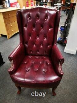 CHESTERFIELD Style Oxblood Leather Winged Fireside Armchair CS G26