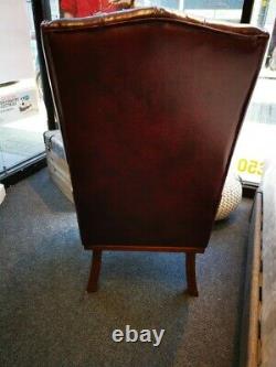 CHESTERFIELD Style Oxblood Leather Winged Fireside Armchair CS G26