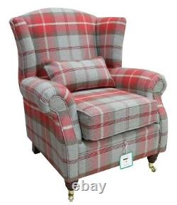Cherry Red Tartan Fireside Queen Anne High Back Checked Fabric Wing Chair