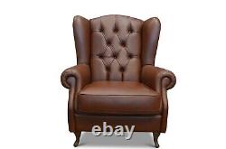 Chesterfield Armchair Brown Leather Wingback Fireside Chair Made in Italy Button