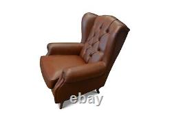 Chesterfield Armchair Brown Leather Wingback Fireside Chair Made in Italy Button