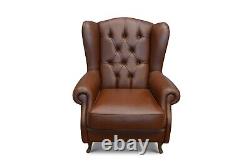 Chesterfield Armchair Brown Leather Wingback Fireside Chair Made in Italy Button