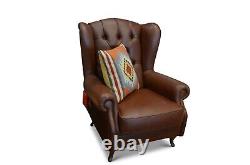 Chesterfield Armchair Brown Leather Wingback Fireside Chair Made in Italy Button