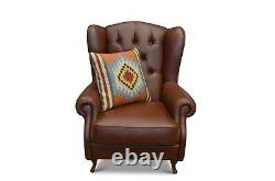 Chesterfield Armchair Brown Leather Wingback Fireside Chair Made in Italy Button