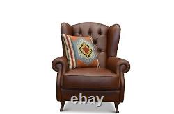 Chesterfield Armchair Brown Leather Wingback Fireside Chair Made in Italy Button