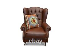 Chesterfield Armchair Brown Leather Wingback Fireside Chair Made in Italy Button