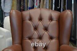 Chesterfield Armchair Brown Leather Wingback Fireside Chair Made in Italy Button