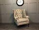 Chesterfield Armchair High Wing Back Fireside Grey Leather Chair Queen Anne Legs