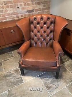 Chesterfield Armchair High Wing Back Fireside Tan Leather Chair Easy Queen Anne