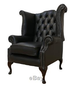 Chesterfield Armchair Queen Anne High Back Fireside Wing Chair Black Leather