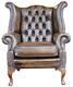 Chesterfield Armchair Queen Anne High Back Fireside Wing Chair Gold Leather
