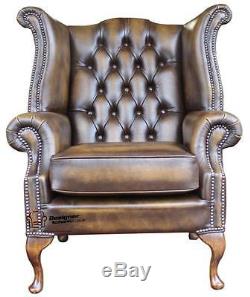 Chesterfield Armchair Queen Anne High Back Fireside Wing Chair Gold Leather