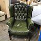 Chesterfield Armchair Queen Anne High Back Fireside Wing Chair Green Leather Vgc