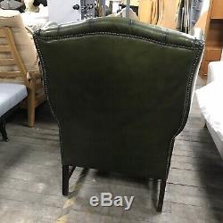Chesterfield Armchair Queen Anne High Back Fireside Wing Chair Green Leather VGC