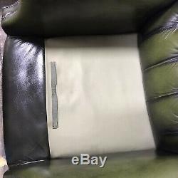Chesterfield Armchair Queen Anne High Back Fireside Wing Chair Green Leather VGC