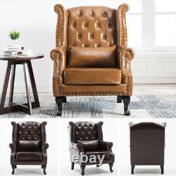 Chesterfield Armchair Queen Anne High Back Fireside Wing Chair PU Leather Brown