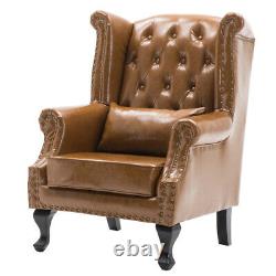 Chesterfield Armchair Queen Anne High Back Fireside Wing Chair PU Leather Brown