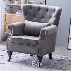Chesterfield Armchair Wing Back Cocktail Studs Button Chair Velvet Grey Fireside