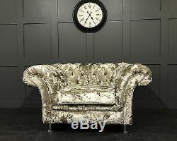 Chesterfield Armchair Wing Back Fireside Velvet Fabric Crushed Silver Chair Easy