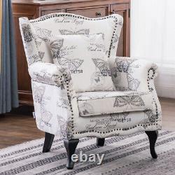 Chesterfield Butterfly Print Fabric Queen Anne Armchair Wing Back Fireside Chair