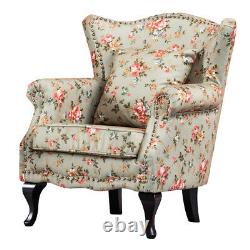 Chesterfield Butterfly Print Fabric Queen Anne Armchair Wing Back Fireside Chair