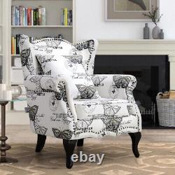 Chesterfield Butterfly Print Fabric Queen Anne Armchair Wing Back Fireside Chair