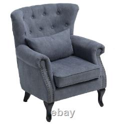 Chesterfield Grey Linen Queen Anne Accent Fireside Armchair Rivets Lounge Sofa