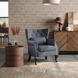 Chesterfield Grey Linen Queen Anne Accent Fireside Armchair Rivets Lounge Sofa