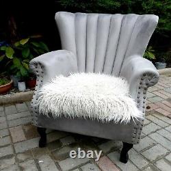 Chesterfield Grey Velvet Armchair Wing Shell Back Queen Fireside Chair