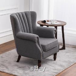 Chesterfield High Back Chair Fabric Upholstered Oyster Winged Armchair Fireside