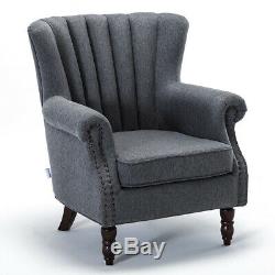 Chesterfield High Back Chair Fabric Upholstered Oyster Winged Armchair Fireside