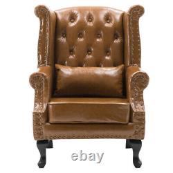 Chesterfield High Back Chair Wing Back Button Antique Armchair Leather Fireside