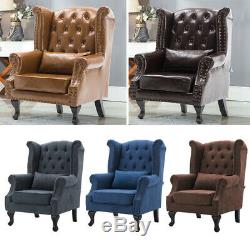 Chesterfield Leather Armchair Fabric Velvet Wing Back Queen Fireside Sofa Chair