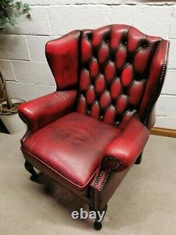 Chesterfield Leather Fireside Wing Back Armchair Oxblood Red