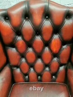 Chesterfield Leather Fireside Wing Back Armchair Oxblood Red