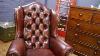 Chesterfield Leather Wing Back Dark Oxblood Red Queen Anne Armchair
