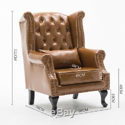 Chesterfield Leather Winged High Back Armchair Queen Anne Fireside Studded Chair