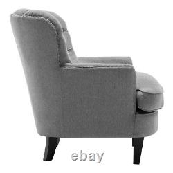 Chesterfield Linen Armchair Stud Button Back Fireside Chair Lounge Sofa Wood Leg