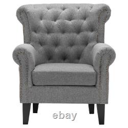 Chesterfield Linen Armchair Wing Back Nailhead Tufted Accent Tub Fireside Chair