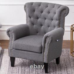 Chesterfield Linen Armchair Wing Back Nailhead Tufted Accent Tub Fireside Chair